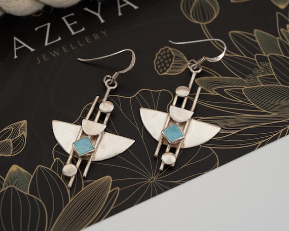 Geometric Turquoise & Silver Statement Earrings –… - image 1