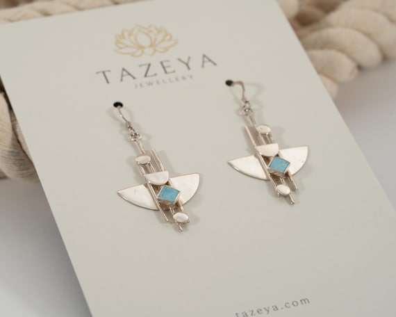 Geometric Turquoise & Silver Statement Earrings –… - image 7
