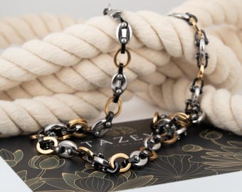 Men’s 24” Tri-Color Stainless Steel Chain Necklace – Black, Gold & Silver Link