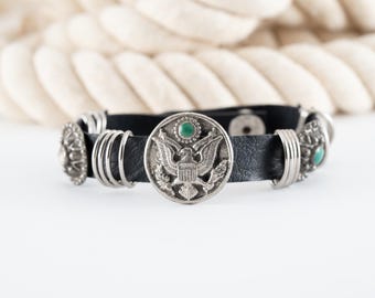 Vintage Leatherette Bracelet  Eagle Concho -Adjustable Western Boho Silver Tone Cuff
