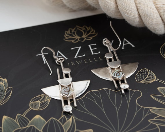 Sterling Silver Abalone Geometric Dangle Earrings… - image 1