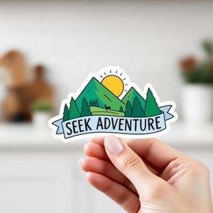 Seek Adventure Sticker – Mountain and Sun Vinyl Decal, Nature Hiking Travel Waterproof Sticker for Laptop, Water Bottle, Journal, Car