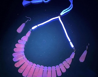 Natural Pink Calcite Necklace Set – UV Reactive Glow, Handmade Jewelry Set, Adjustable Necklace & Earrings, Healing Crystal Gift Top Quality