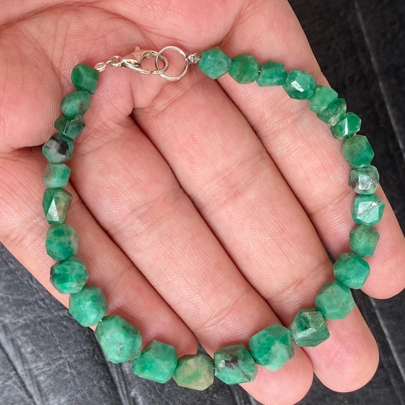 Natural Swat Emerald Bracelet | Freeform Faceted Emerald Beads 6–8mm | Untreated Pakistan Emerald | 925 Sterling Silver Hook | 8 Inch