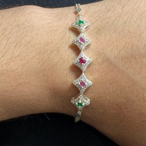 Natural Emerald Ruby Tourmaline Bracelet in 925 Sterling Silver with Zircon Accents Handmade Afghanistan
