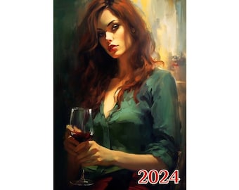 Wall Calendar 2024 ~ Attractive Women Drinking Red Wine on Dinner Dates ~ Vintage Book Illustration Poster m7-2151