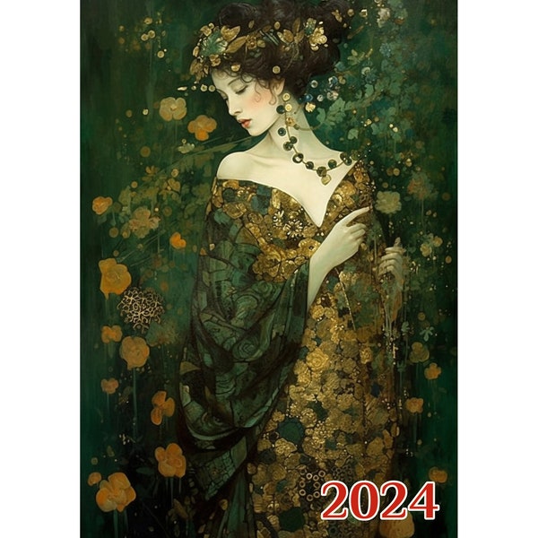 Wall Calendar 2024 ~ Pretty Women in Elegant Green Dresses ~ Vintage Art Nouveau Gustave Klimt Book Illustration Poster m7-2189