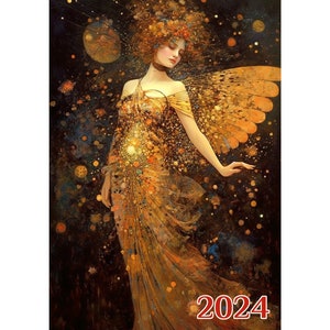 Wall Calendar 2024 ~ Women in Golden Dresses on a Magical Night ~ Vintage Art Nouveau Book Illustration Poster m7-2192