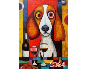 Wall Calendar 2024 ~ Different Avantgarde Art Styles of Cute Dogs at Wine Bars ~ Vintage Book Illustration Poster m7-2152