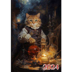 Wall Calendar 2024 ~ Smart Fancy Cats in Little Waistcoats with Magical Items ~ Vintage Book Illustration Poster m7-2121