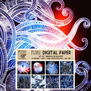 DIGITALE PAPIER set ~ 8 designs 3000x3000 pixels 600 dpi ~ Onderwater Schoonheden ~ FLONZ Vintage Patronen 107