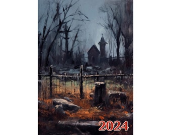 Wall Calendar 2024 ~ Spooky Landscape Paintings of Eerie Graveyards at Night ~ Vintage Book Illustration Poster m7-2172