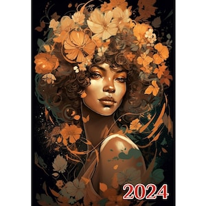 Wall Calendar 2024 ~ Beautiful Black Women in Amazing Golden Dresses with Yellow Flowers ~ Vintage Book Illustration Poster m7-2181