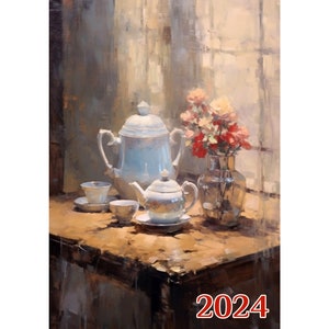 Väggkalender 2024 ~ Fantastiska målningar av otroliga scener med afternoon tea ~ Vintage bokillustrationsaffisch m7-2173