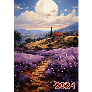 Väggkalender 2024 ~ Fantastiska landskap med lavendelfält och söta stugor ~ Vintage bokillustrationsaffisch m7-2136