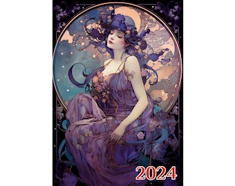 Wall Calendar 2024 ~ Elegant Pretty Women with Gorgeous Flowing Hair ~ Vintage Art Nouveau Alphonse Mucha Book Illustration Poster m7-2183