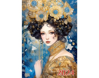 Wall Calendar 2024 ~ Gorgeous Attractive Women in Fancy Dresses and Flowers ~ Vintage Book Illustration Poster Gustav Klimt m7-2139