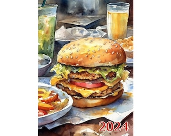 Wall Calendar 2024 ~ Amazing Paintings of Delicious Burgers and Fries ~ Vintage Book Illustration Poster m7-2175