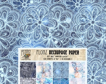 Scrapbooking Craft Paper Pack (24pcs 6"x6") FLONZ 'Winter Lace' Vintage Delicate Lace Designs Blue and White Palette 808-182