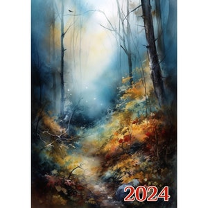 Può includere: Dipinto ad acquerello di un sentiero nella foresta con alberi e fogliame colorato. L'opera presenta un sentiero che conduce in lontananza, con una luce soffusa ed eterea che filtra attraverso gli alberi. L'anno "2024" è scritto in rosso in basso.