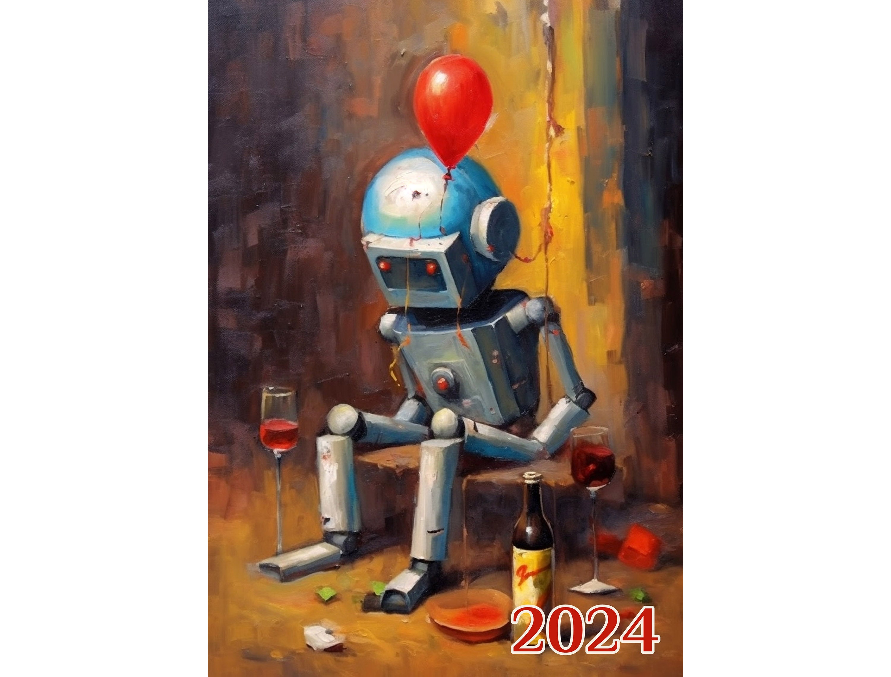 Wall Calendar 2024 ~ Cute Little Robot Creatures Drinking Alone with Balloons ~ Vintage Book Illustration Poster m7-2141