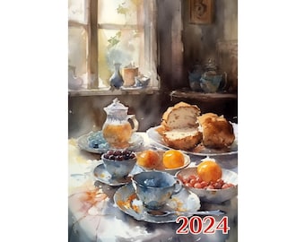 Wall Calendar 2024 ~ Incredible Paintings of Amazing Breakfast Foods ~ Vintage Book Illustration Poster m7-2176