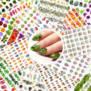 May include: A collection of nail art stickers featuring various floral and botanical designs. The stickers showcase colorful flowers, leaves, and other natural elements. A close-up shows nails decorated with green leaf designs. These stickers offer a variety of options for nail art.