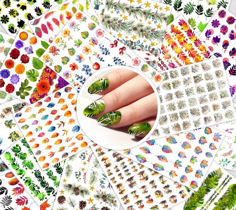 May include: A collection of nail art stickers featuring various floral and botanical designs. The stickers showcase colorful flowers, leaves, and other natural elements. A close-up shows nails decorated with green leaf designs. These stickers offer a variety of options for nail art.