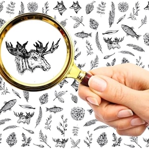 May include: A magnifying glass is held over a black and white illustration of a moose head. The background is a repeating pattern of various black and white illustrations of animals, plants, and fish.