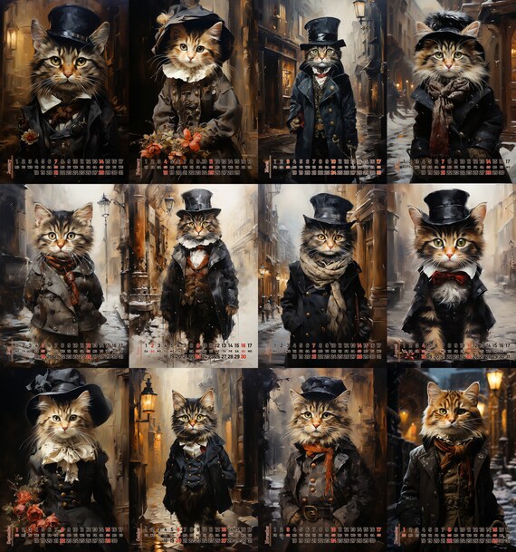 Wall Calendar 2024 Adorable Cats in Fancy Victorian Outfits and Dreary  Villages Vintage Book Illustration Poster M7-2163 