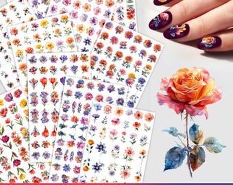 Adesivi per unghie [10 fogli] Fiori ad acquerello Varietà di rose vivaci Fiori selvatici Boccioli Petali Immagini floreali 111-001