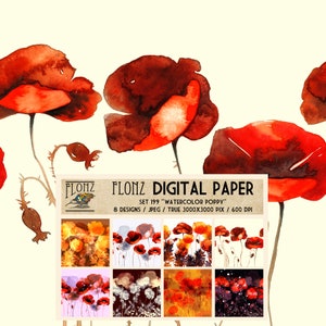 Ensemble de PAPIER NUMÉRIQUE ~ 8 dessins 3000x3000 pixels 600 dpi ~ Aquarelle Coquelicot ~ Motifs vintage FLONZ 199