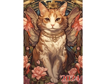 Wall Calendar 2024 ~ Adorable Cats with Gorgeous Wings and Colourful Flowers ~ Vintage Art Nouveau Book Illustration Poster m7-2143