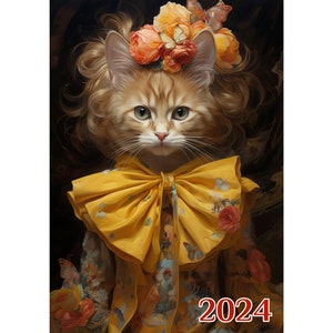 Könnte beinhalten: Eine rotbraune Katze mit einer gelben Schleife und einer Krone aus orangefarbenen und rosafarbenen Blumen auf dem Kopf. Die Katze trägt ein gelbes Kleid mit Blumenmuster. Das Jahr 2024 ist unten im Bild in Rot geschrieben.