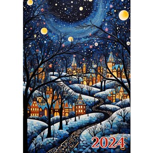 Calendario de pared 2024 ~ Ciudades serenas de invierno en la temporada navideña ~ Póster de ilustración de libros vintage Wysocki m7-2168