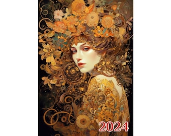 Wall Calendar 2024 ~ Incredible Women with Flowers in Amazing Dresses ~ Vintage Art Nouveau Book Illustration Poster m7-2188