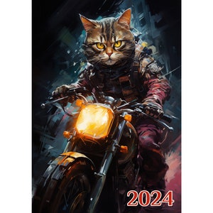 Wall Calendar 2024 ~ Intimidating Biker Cats in Leather Jackets Riding Motorbikes Cyberpunk ~ Vintage Book Illustration Poster m7-2132