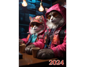 Wall Calendar 2024 ~ Funny Gangster Cats at Bars Together Cyberpunk ~ Vintage Book Illustration Poster m7-2135