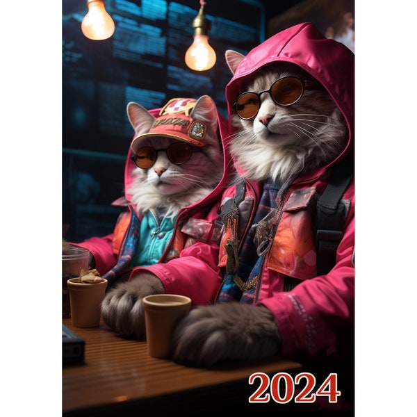 Calendrier mural 2024 ~ Cyberpunk drôles de chats gangsters dans des bars ~ Poster d'illustration de livre vintage m7-2135