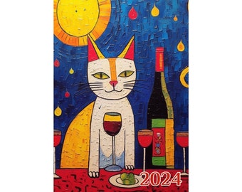 Wall Calendar 2024 ~ Cute Drawings of Little Cats at Wine Bars ~ Vintage Book Illustration Poster m7-2154