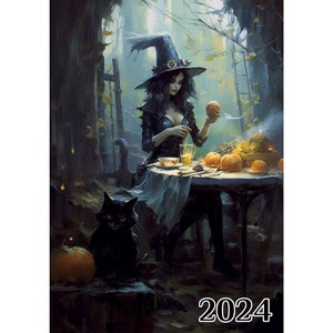 Wall Calendar 2024 ~ Spooky Witches with Black Cats Having a Feast ~ Vintage Halloween Book Illustration Poster m7-2112