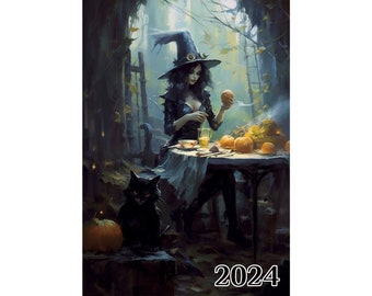 Wall Calendar 2024 ~ Spooky Witches with Black Cats Having a Feast ~ Vintage Halloween Book Illustration Poster m7-2112