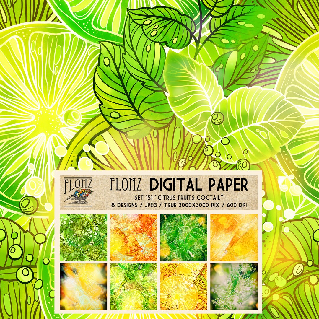 DIGITAL PAPER Set ~ 8 Designs 3000x3000 Pixels 600 Dpi ~ Citrus Fruits ...