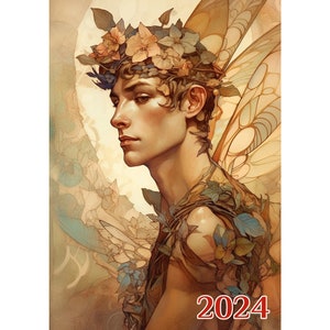 Può includere: Un uomo con una corona di fiori e ali fatte di foglie e viti. Lo sfondo è un morbido lavaggio di colori, come un acquerello. L'anno 2024 è stampato in rosso nella parte inferiore dell'immagine.