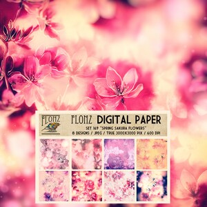 DIGITALES PAPIER Set ~ 8 Designs 3000x3000 Pixel 600 dpi ~ Frühling Sakura Blumen ~ FLONZ Vintage Patterns 169