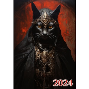Wall Calendar 2024 ~ Intimidating Spooky Cats in Cloaks and Fiery Backgrounds Hell Cats ~ Vintage Book Illustration Poster m7-2123