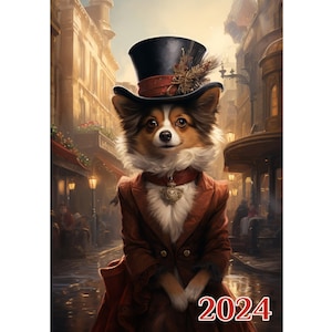 Kalendarz ścienny 2024 ~ Eleganckie wiktoriańskie psy w małych trenczach i zabawnych cylindrach ~ Plakat z ilustracją książki w stylu vintage m7-2161