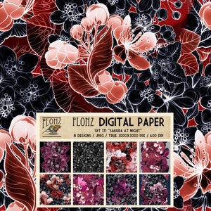 DIGITALES PAPIER Set ~ 8 Designs 3000x3000 Pixel 600 dpi ~ Sakura At Night ~ FLONZ Vintage Patterns 171
