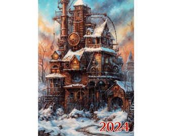 Wall Calendar 2024 ~ Incredible Steampunk Buildings with Incredible Clocks ~ Vintage Book Illustration Poster m7-2170