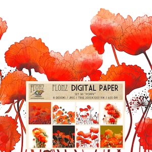 Ensemble PAPIER NUMÉRIQUE ~ 8 motifs 3000x3000 pixels 600 dpi ~ Coquelicot ~ Motifs vintage FLONZ 141